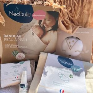 Bandeau de peau à peau Néobulle, doudou bola Ilado, Lingette lavable Néobulle, huile de massage et lange Néobulle
